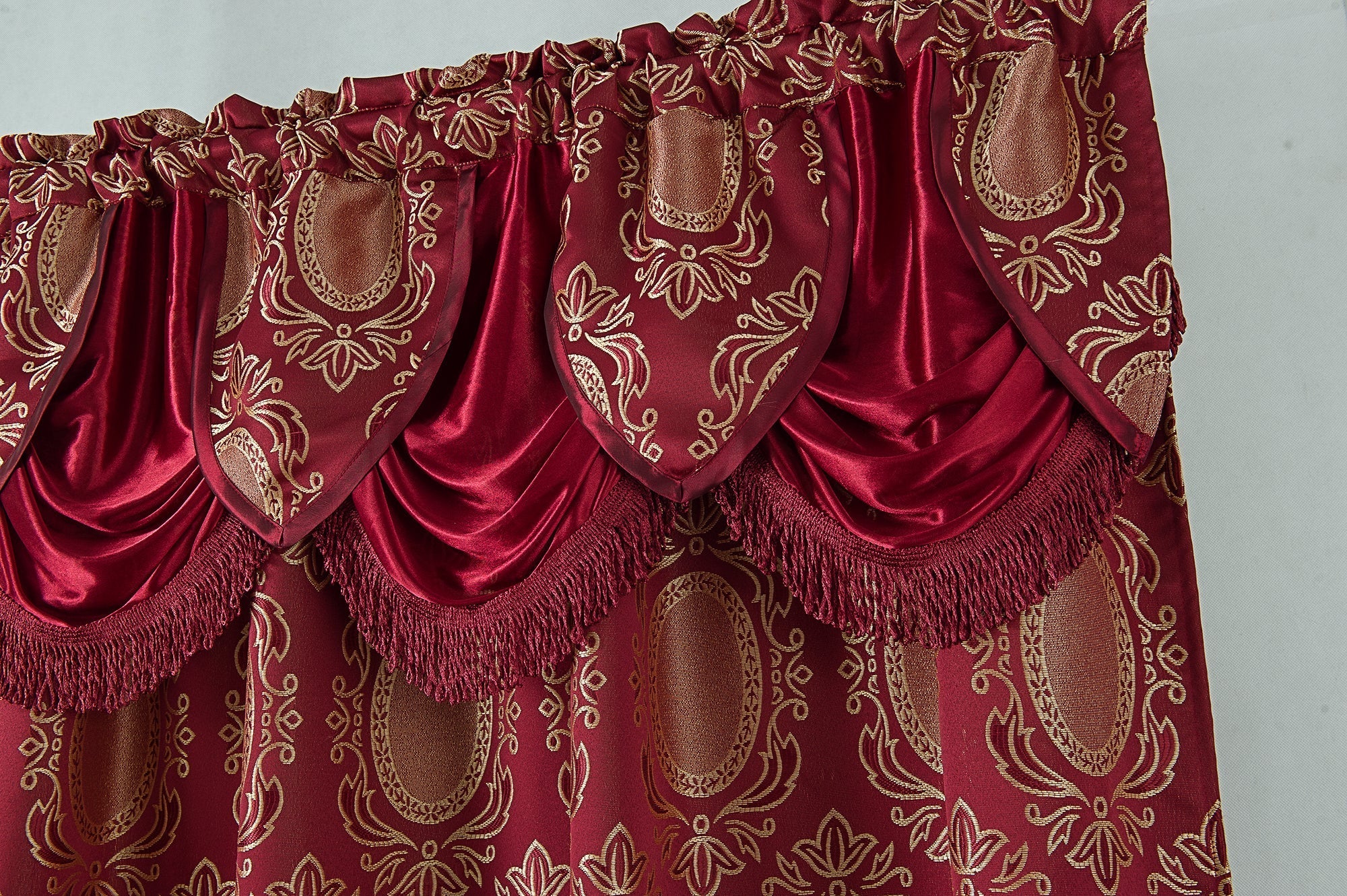 Kenyon Damask Textured Jacquard 54 x 84 in. Single Rod Pocket Curtain Panel w/Attached 18 in. Valance - Linen Universe Co.