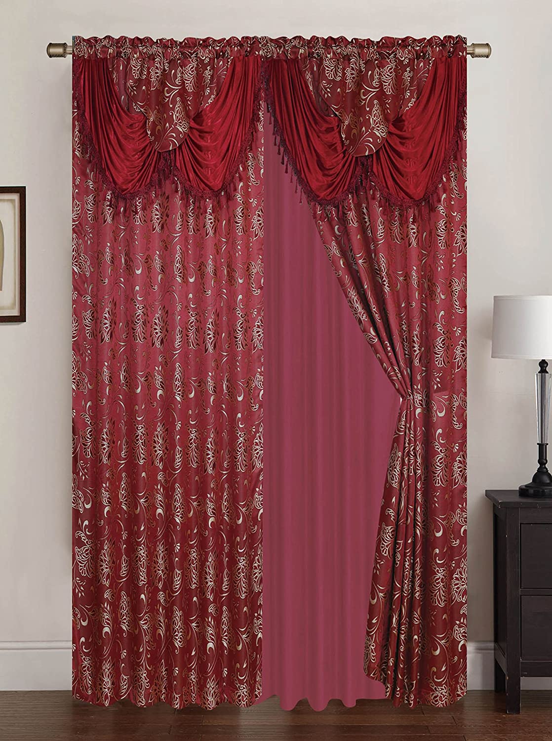 Clayton Jacquard 108 x 84 in. Rod Pocket Curtain Panel Pair w/ Attached 18 in. Valance, Blue (Set of 2) - Linen Universe Co.