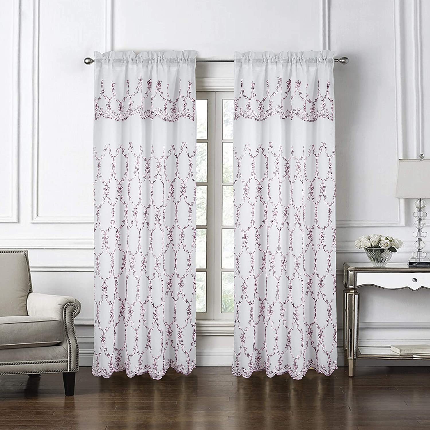 Fleur Embroidered 54 x 84 in. Rod Pocket Single Curtain Panel with 18 in. Valance - Linen Universe Co.