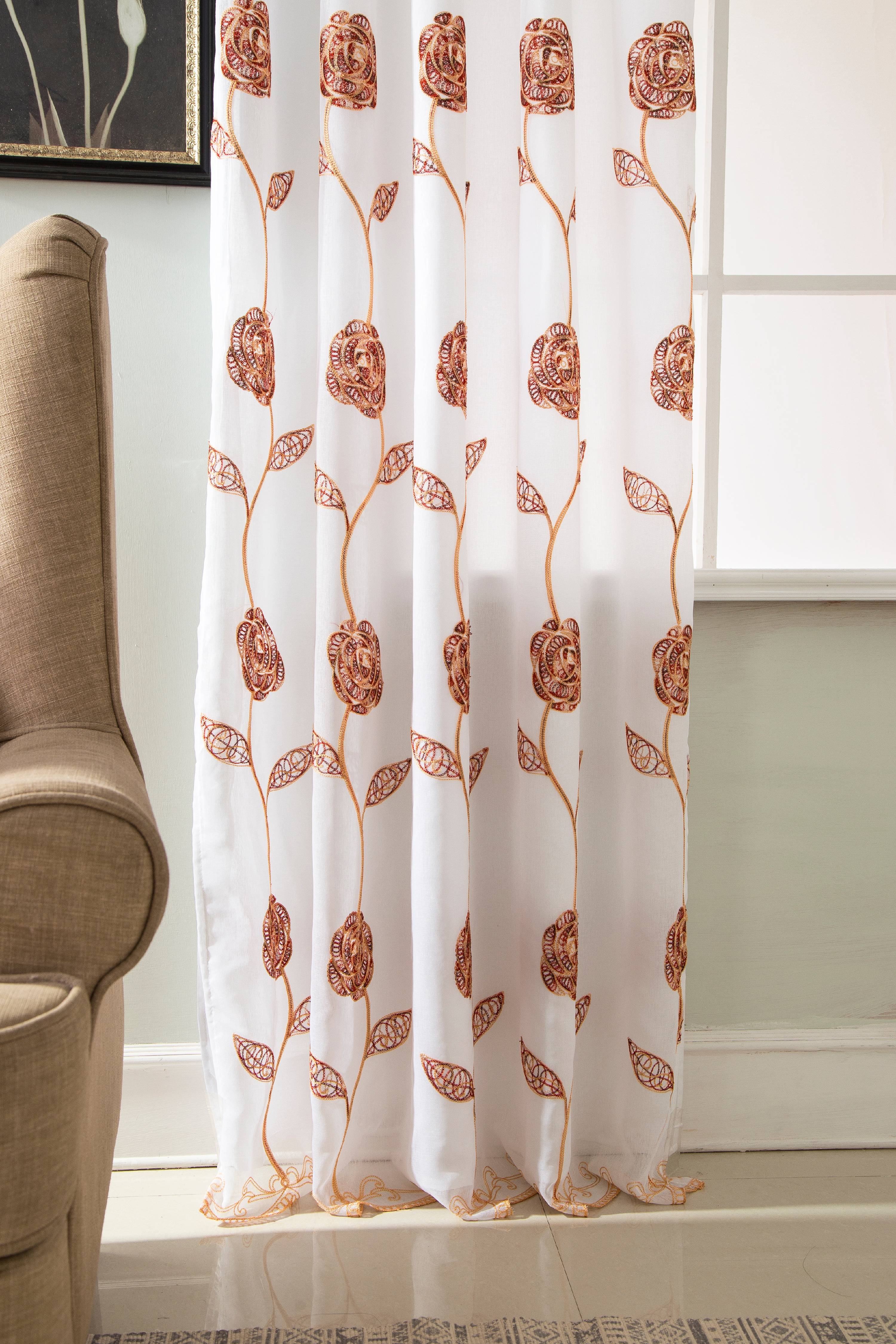 Crystal Floral Embroidered 54 x 84 in. Rod Pocket Single Curtain Panel w/ Attached Valance - Linen Universe Co.