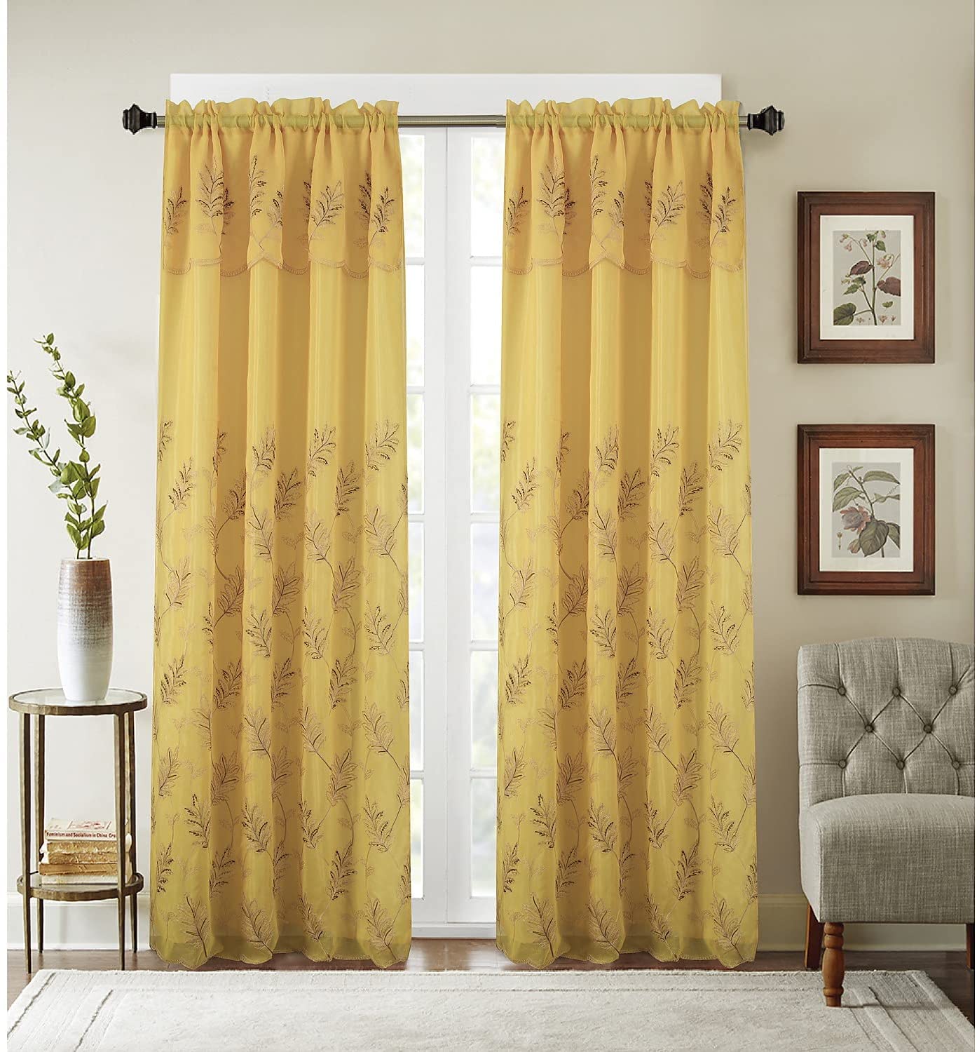 Burton Floral Embroidered 54 x 90 in. Single Rod Pocket Curtain Panel with Attached Valance - Linen Universe Co.