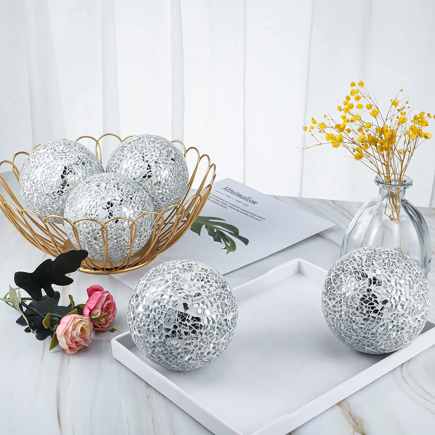 Linen Universe Crackle With Tiled Glass Mosaic Silver Sphere Ball