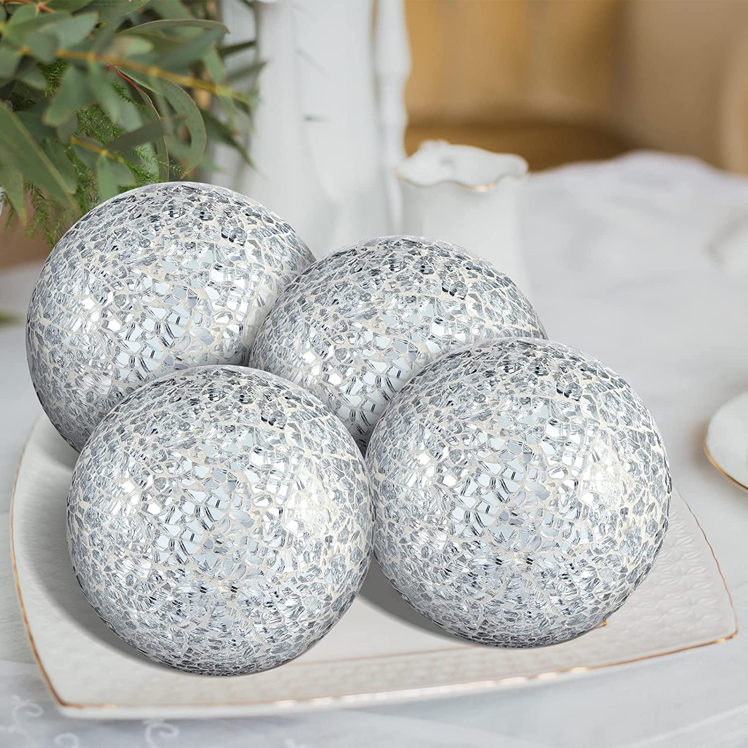 Linen Universe Crackle With Tiled Glass Mosaic Silver Sphere Ball