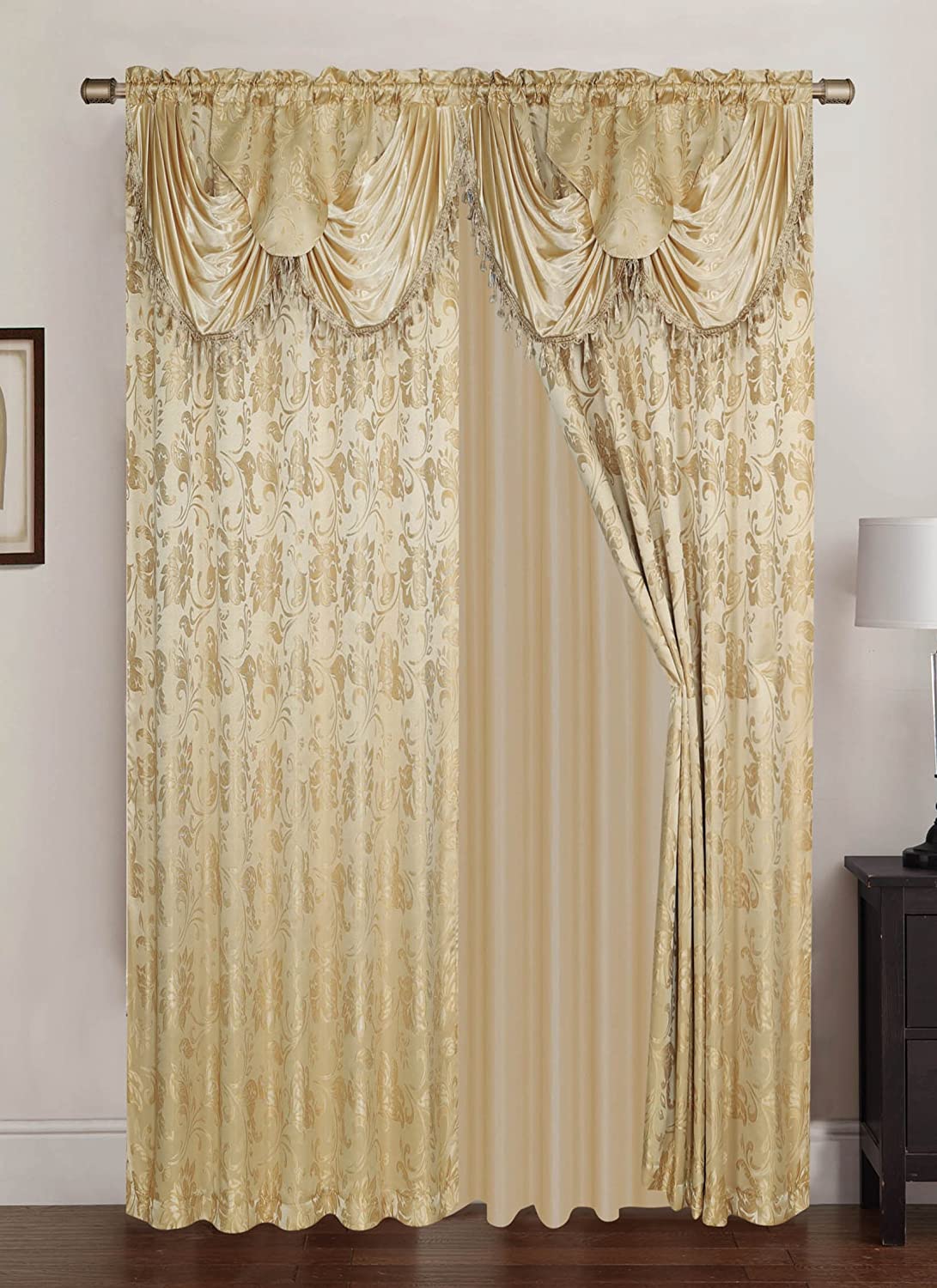 Clayton Jacquard 108 x 84 in. Rod Pocket Curtain Panel Pair w/ Attached 18 in. Valance, Blue (Set of 2) - Linen Universe Co.