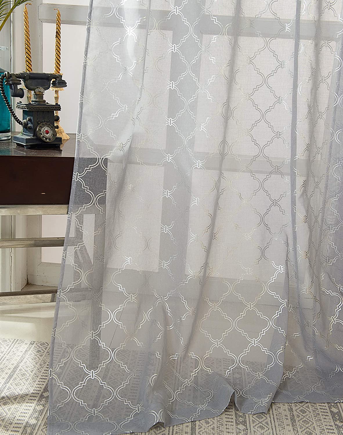 Stratford Quatrefoil Metallic Doily 54 x 84 in. Single Grommet Curtain Panel - Linen Universe Co.