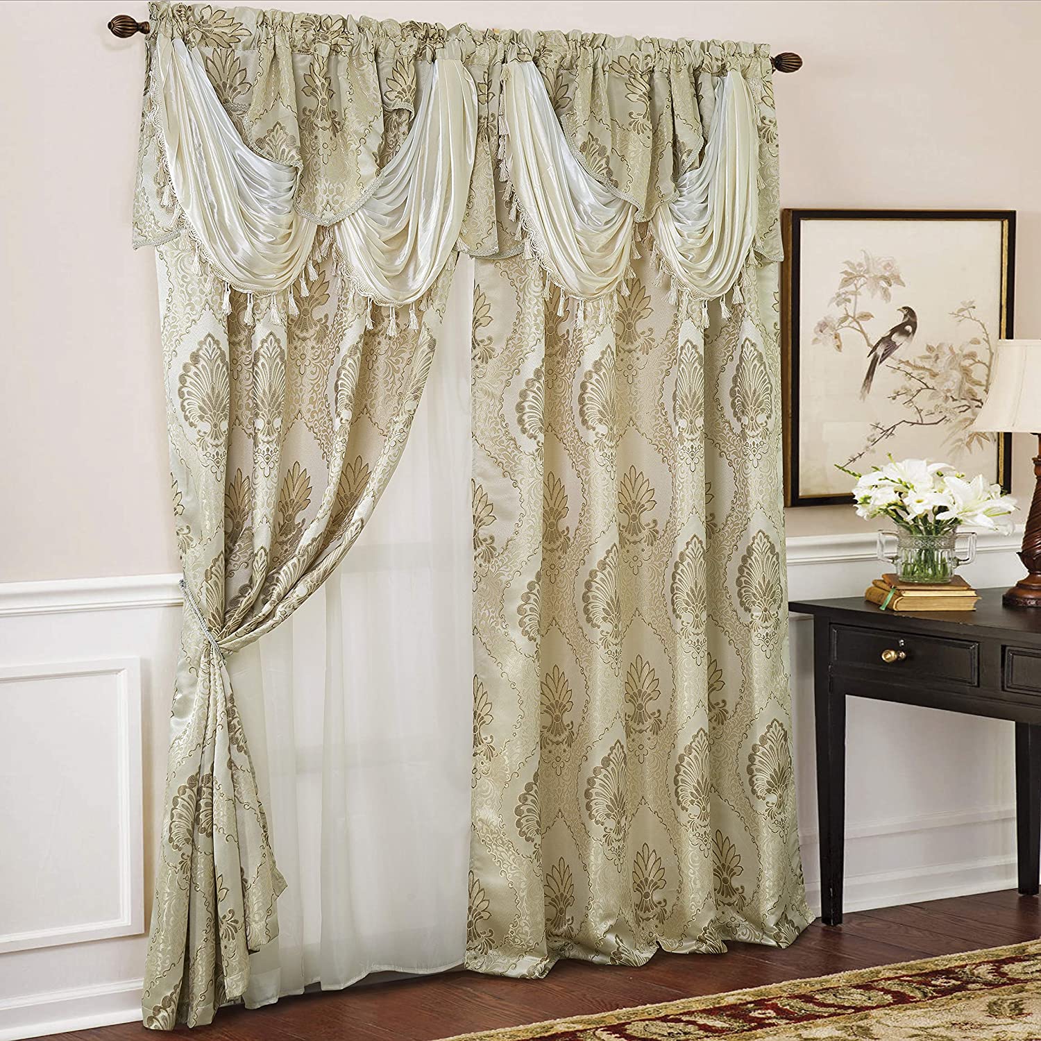 Milton Floral/Damask Textured Jacquard 54 x 84 in. Single Rod Pocket Curtain Panel w/ Attached 18 in. Valance - Linen Universe Co.