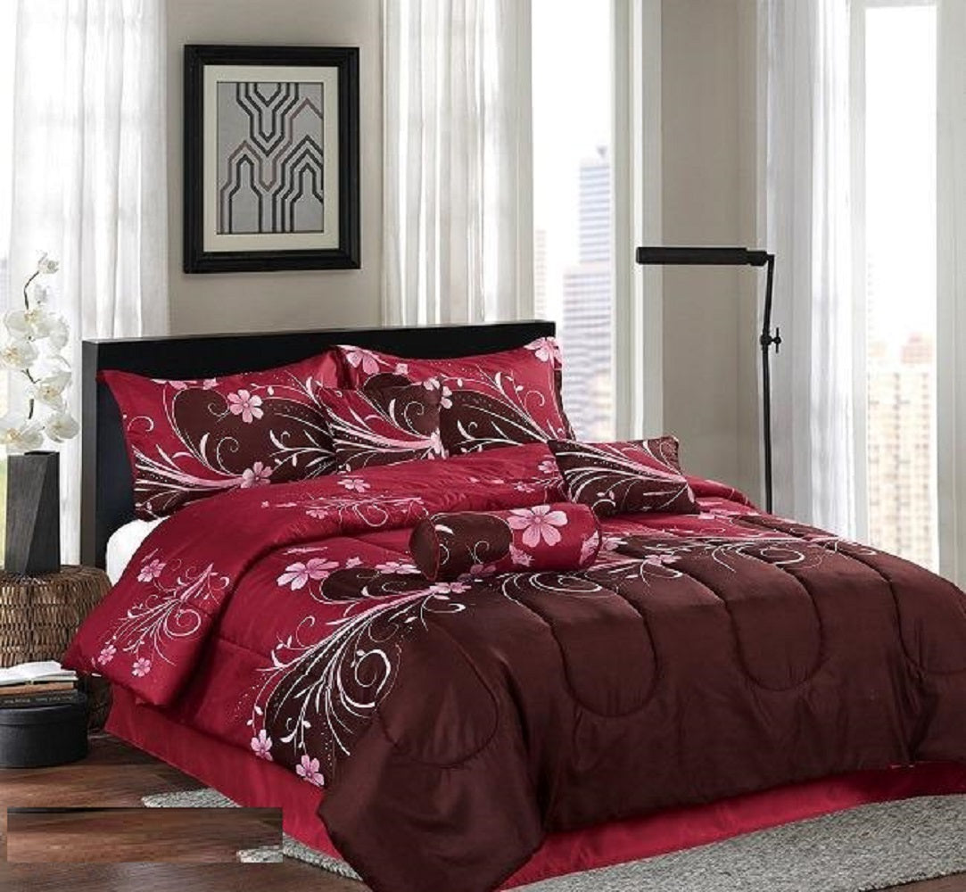 7pc Oversized Burgundy and Red Floral Printed Comforter Set