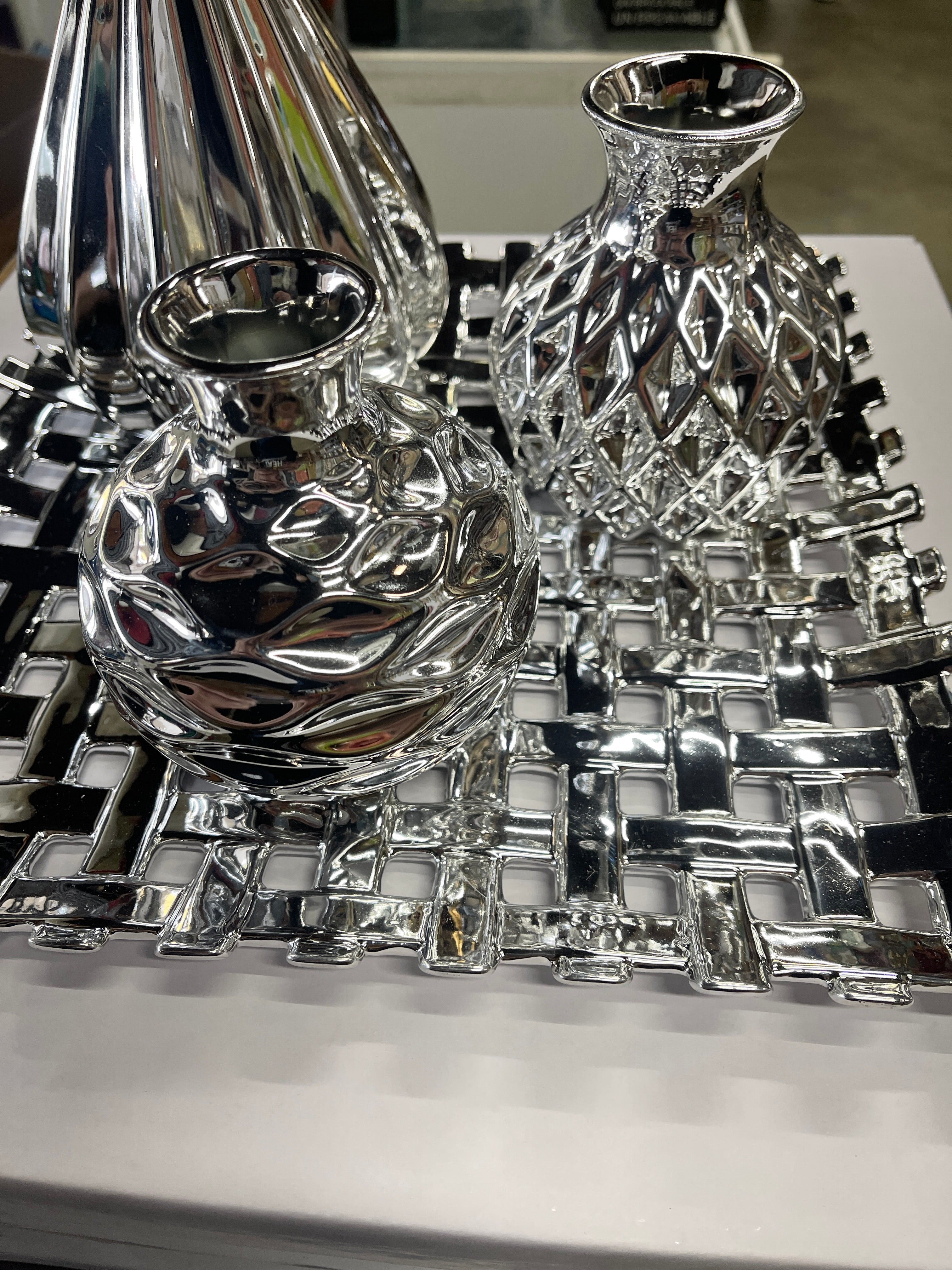 4 Piece Silver Vase Set with 12" x 12" Tray