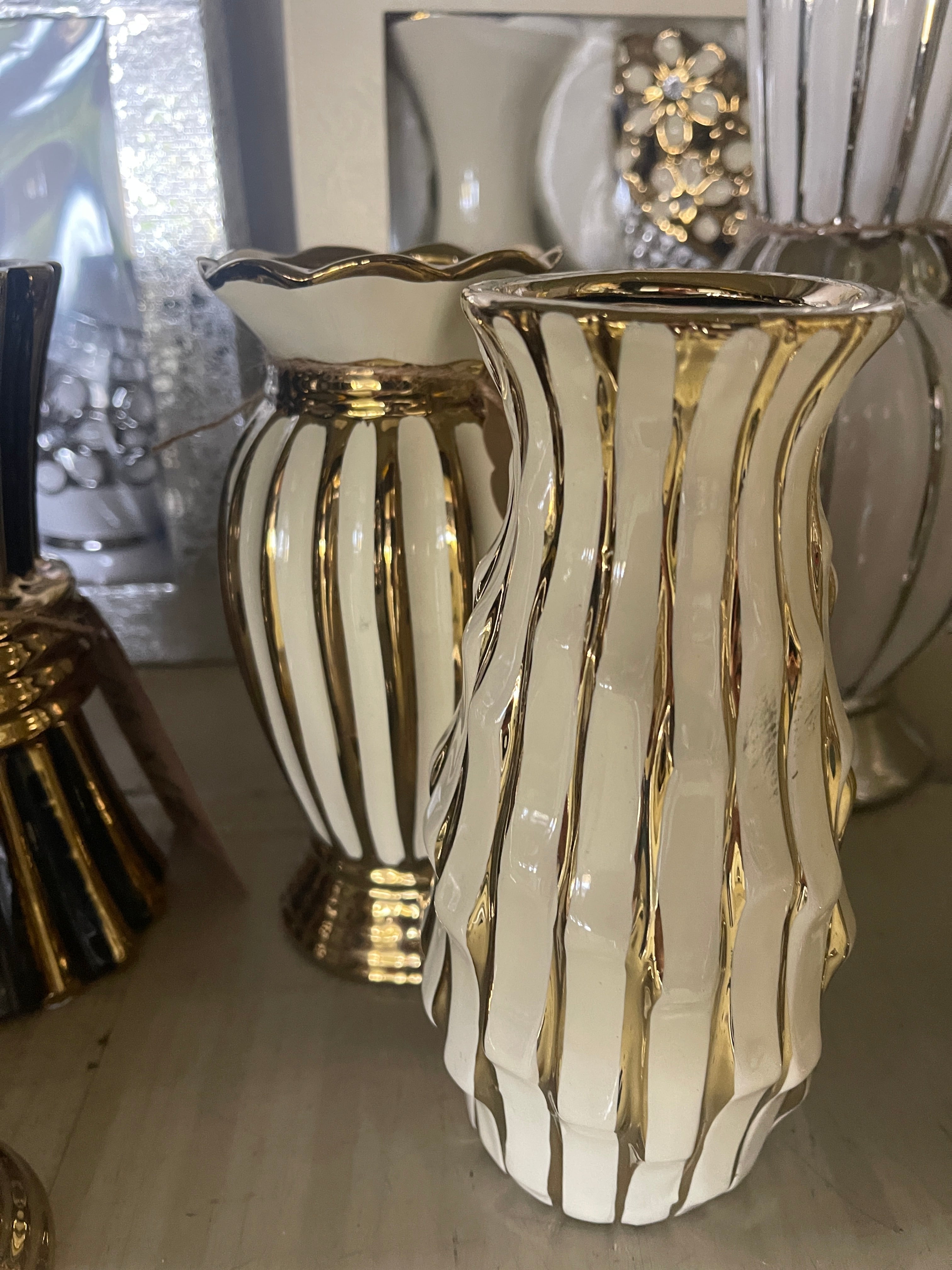 Linen Universe 2 Piece White and Gold Ceramic Vase Set - 7"