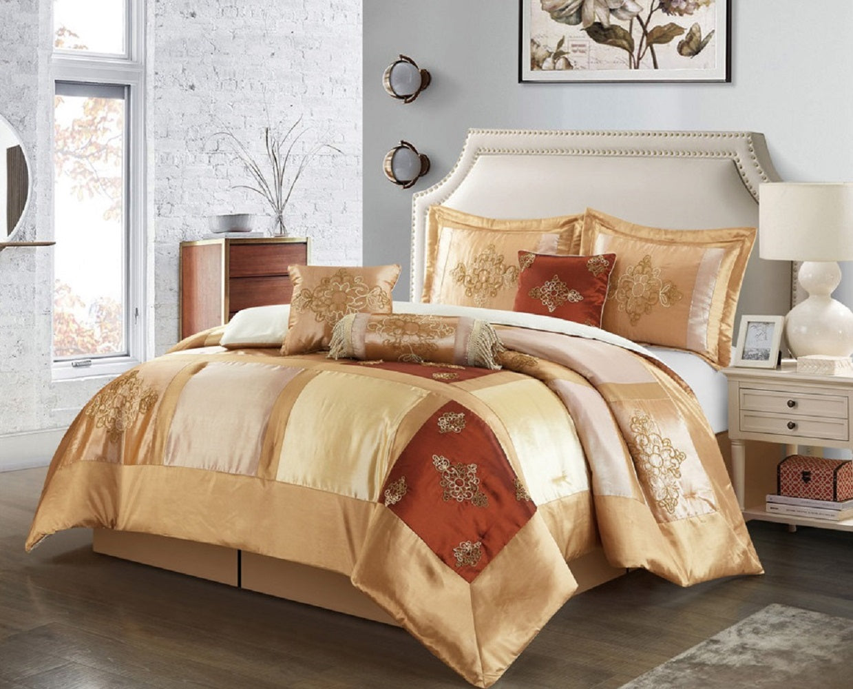 Joycy 7 Piece Embellished Comforter Set, Gold