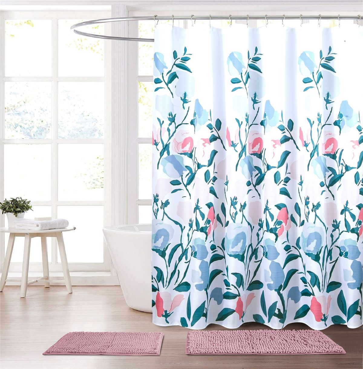 Fabric Shower Curtain with Roller Hooks