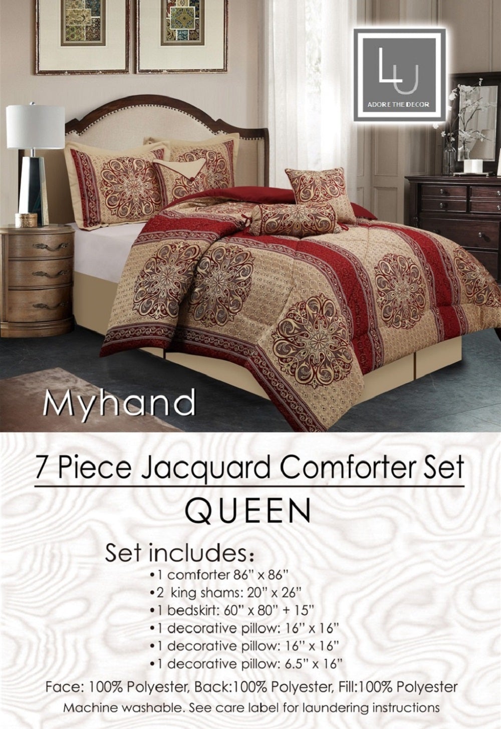 Linen Universe 7 Piece Jacquard Comforter Set, Gold, Burgundy, Red - Linen Universe Co.