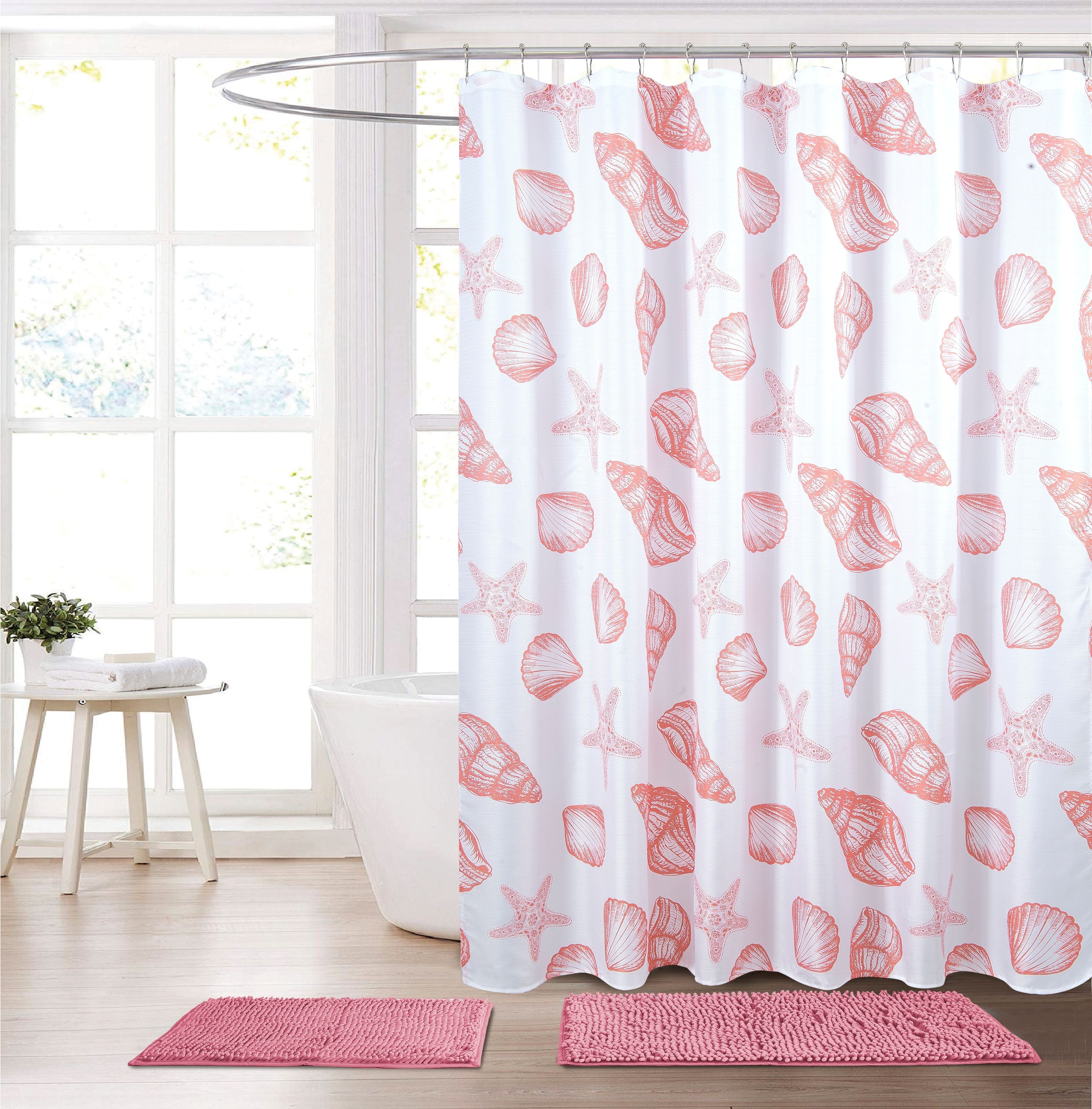 Fabric Shower Curtain with Roller Hooks