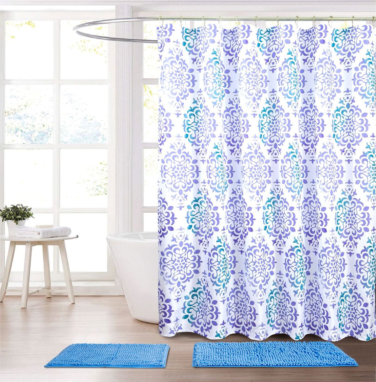 Fabric Shower Curtain with Roller Hooks